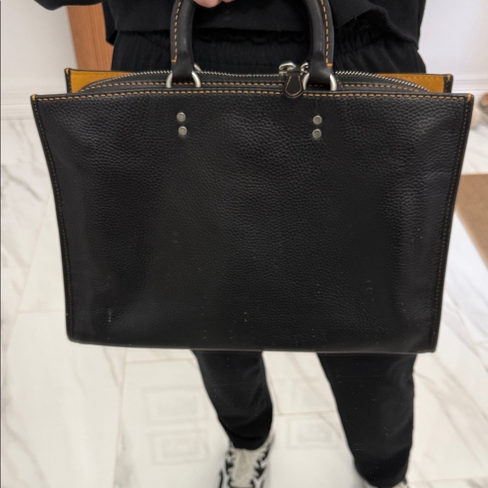 Black Leather Tote Bag with Yellow Accents